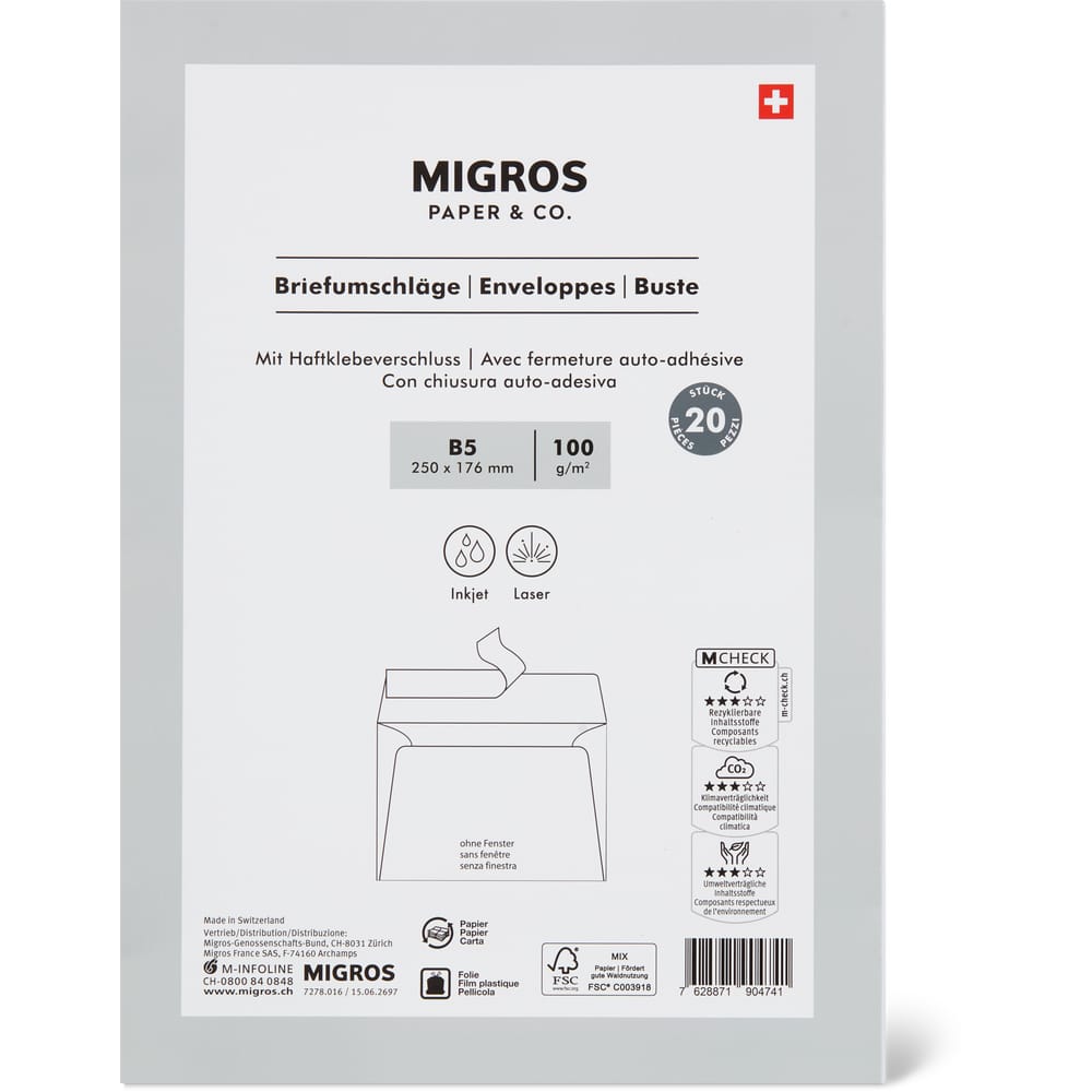 Migros Paper & Co. Briefumschläge B5 Ohne Fenster, mit Haftklebeverschluss