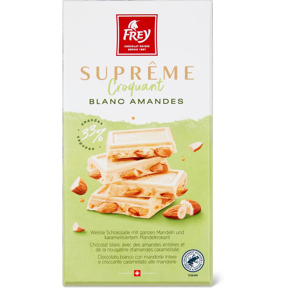 Frey Suprême Weisse Schokolade mit ganzen Mandeln und karamellisiertem Mandelkrokant Weiss, ganze Mandeln und karamellisiertes Mandelkrokant