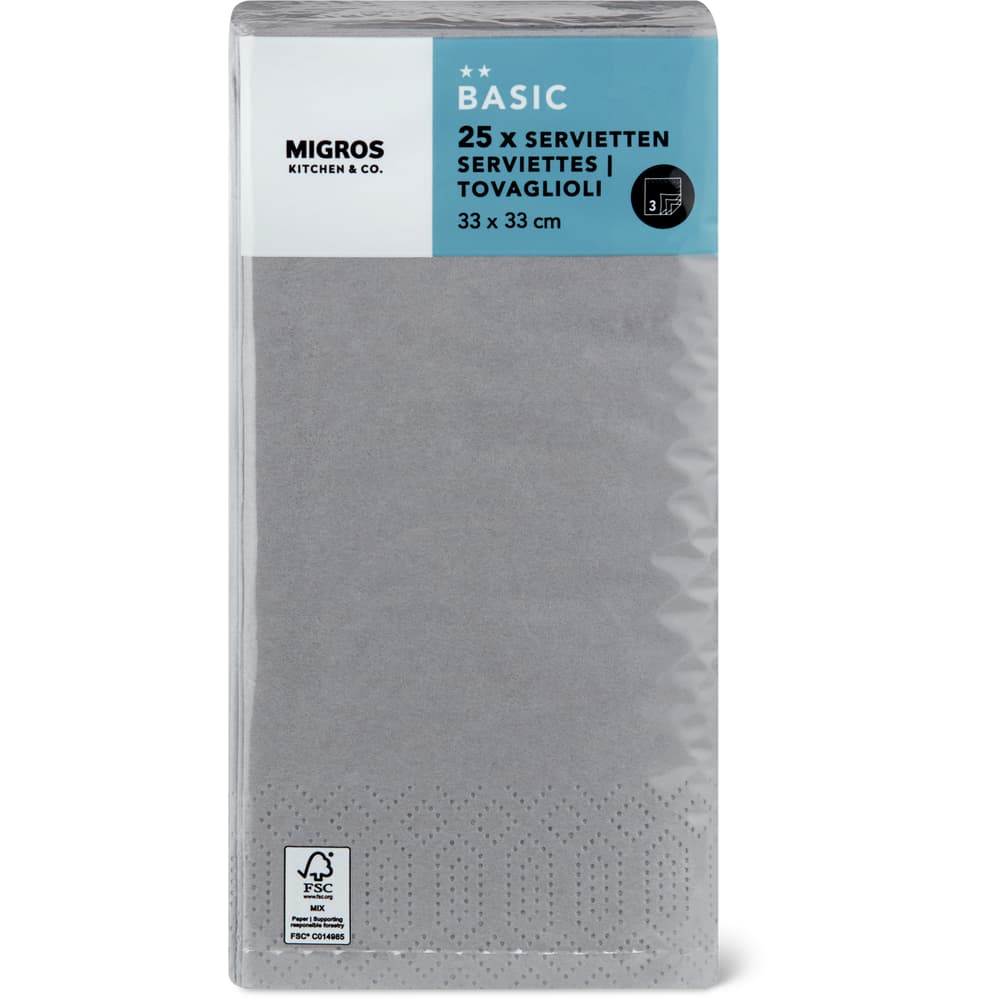 Migros Kitchen & Co. Papierservietten Grau, 1/8 Falz 33x33xm