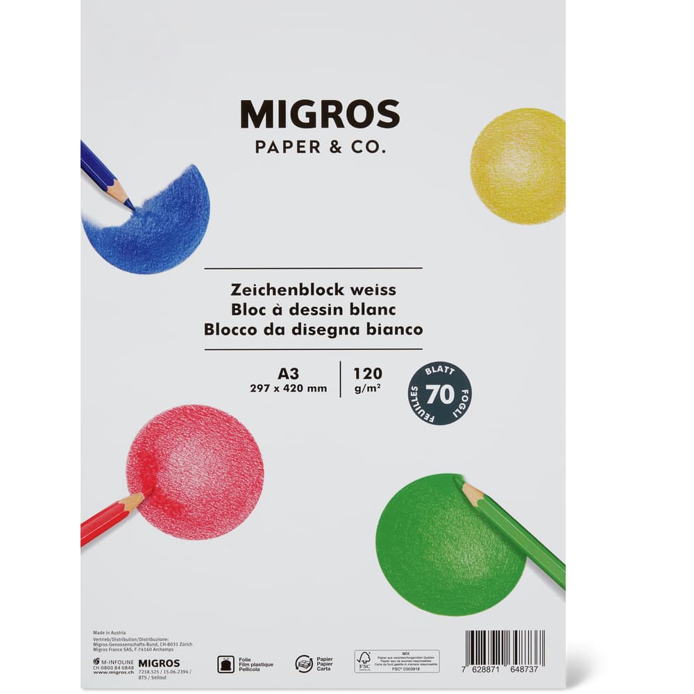 Migros Paper & Co. Zeichenblock A3, weiss, 120 g, 2 x 35 Blatt