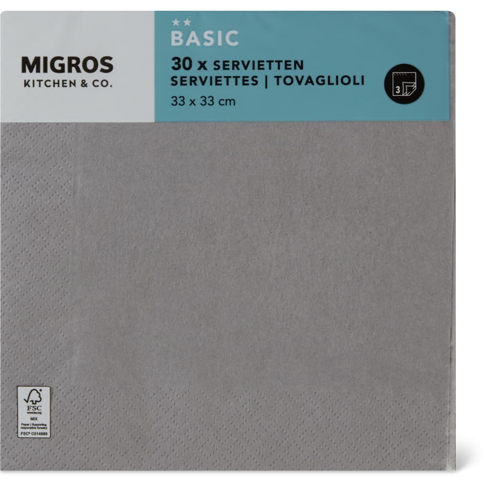 Migros Kitchen & Co. Papierservietten Grau, 33x33cm
