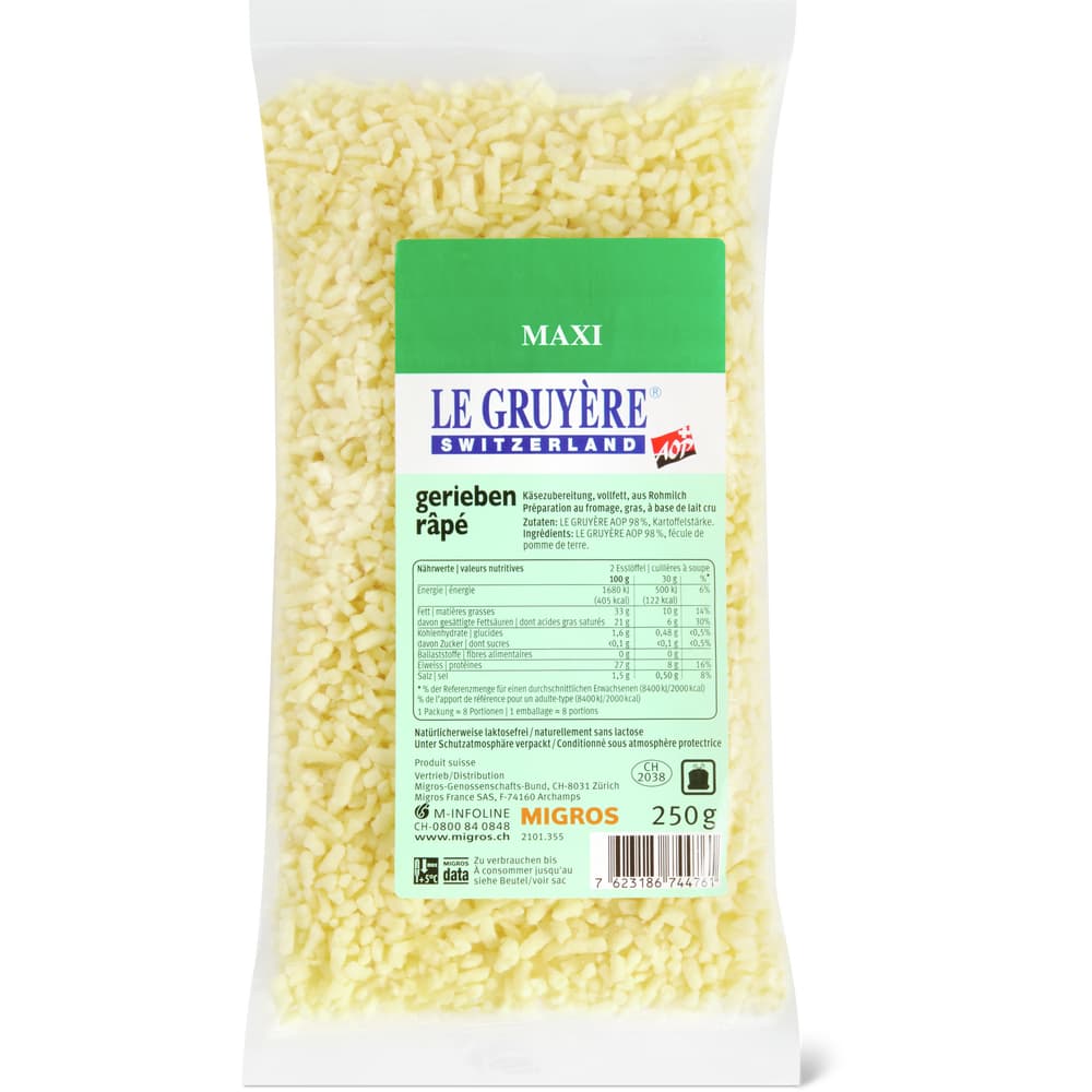 Le Gruyère AOP Schweizer Hartkäse, vollfett, mit Rohmilch Maxi-gerieben