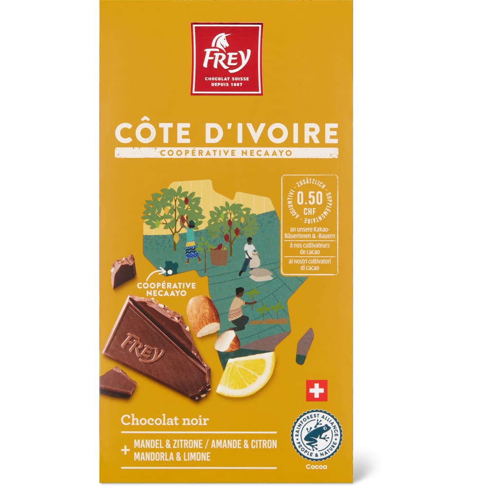 Frey Côte d'Ivoire Necaayo Tafel dunkle Schokolade Mandel Zitrone