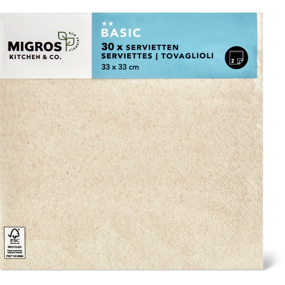 Migros Kitchen & Co. Papierservietten Natur, 33x33cm, recycelt