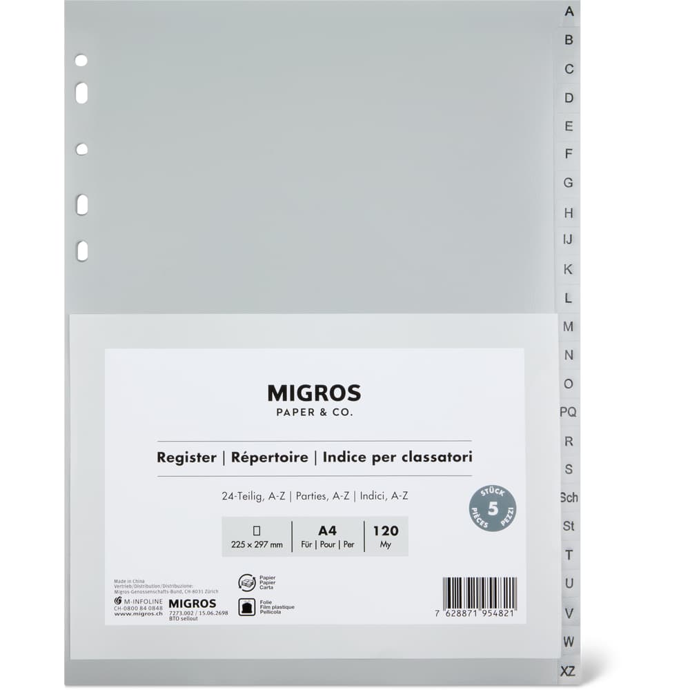 Migros Paper & Co. Ornder-Register A4, 24-teilig A - Z