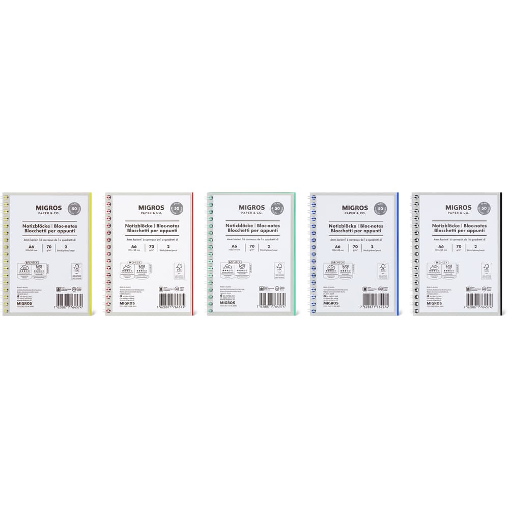 Migros Paper & Co. Notizblöcke mit Spiralbindung A6 4mm kariert, 50 Blätter, 70g/m2