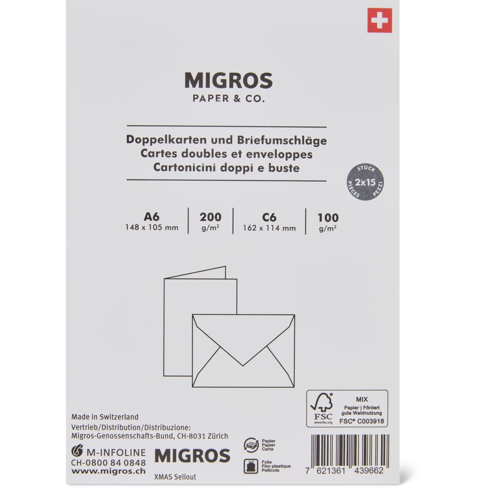 Migros Paper & Co. Bastelkarten A6/C6, Weiss, inkl. Couvert