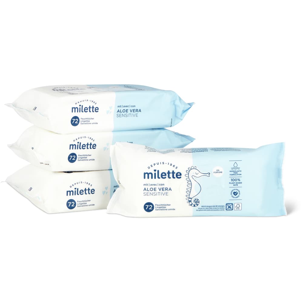 Milette Feuchttücher Sensitive 0% Perfume, Aloe Vera