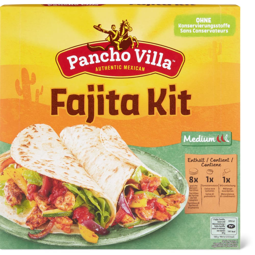 Pancho Villa Fajita Kit - Medium 8 weiche Weizentortillas, 1 Beutel Jalapeño-Pfefferschoten-Sauce, 1 Beutel Würzmischung für Fajitas