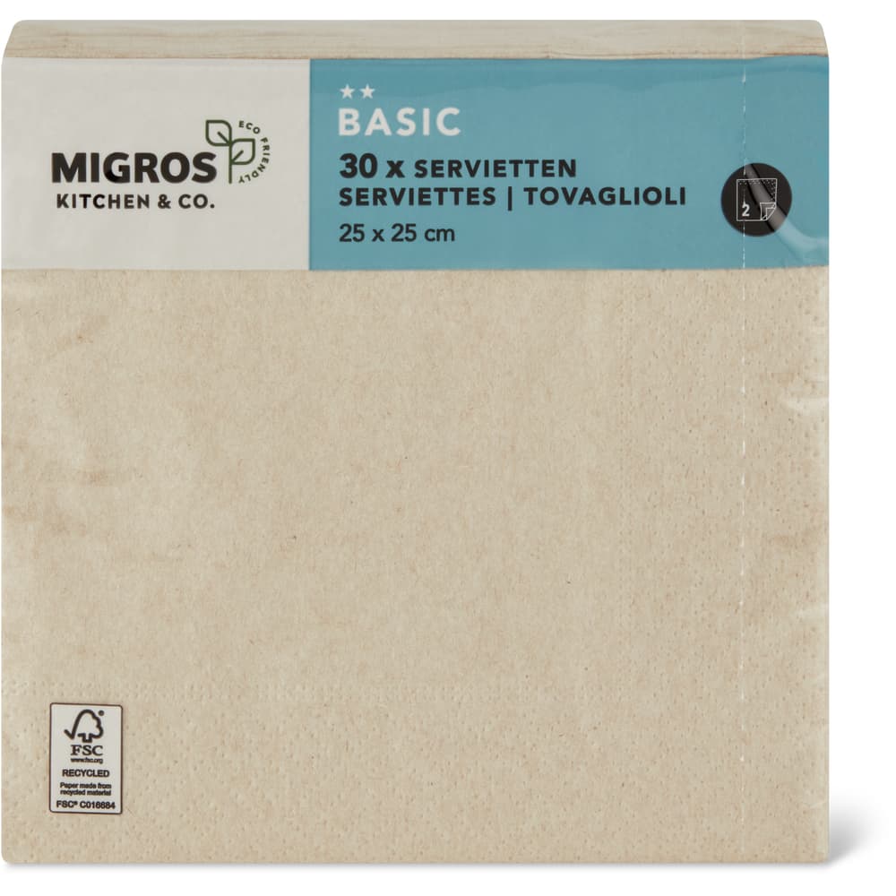 Migros Kitchen & Co. Papierservietten Natur, 25x25cm, recycelt
