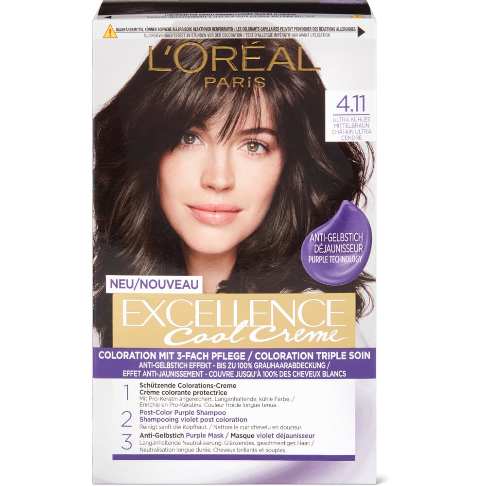 L'Oréal Paris Excellence Cool Crème Dauerhafte Haarfarbe 4.11 Ultra kühles Mittelbraun