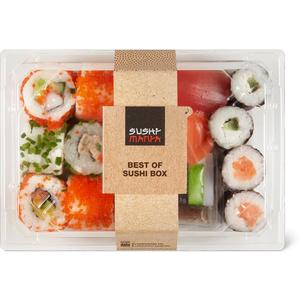 Sushi Mania Best of Sushi Box mit Ingwer, Wasabi und Sojasauce