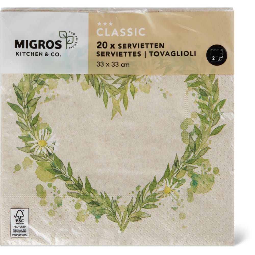 Migros Kitchen & Co. Papierservietten Gemustert, 33x33cm, recycelt