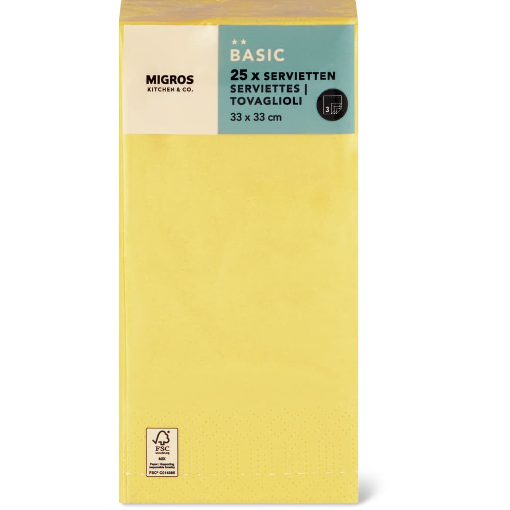 Migros Kitchen & Co. Papierservietten Gelb, 1/8 Falz 33x33xm