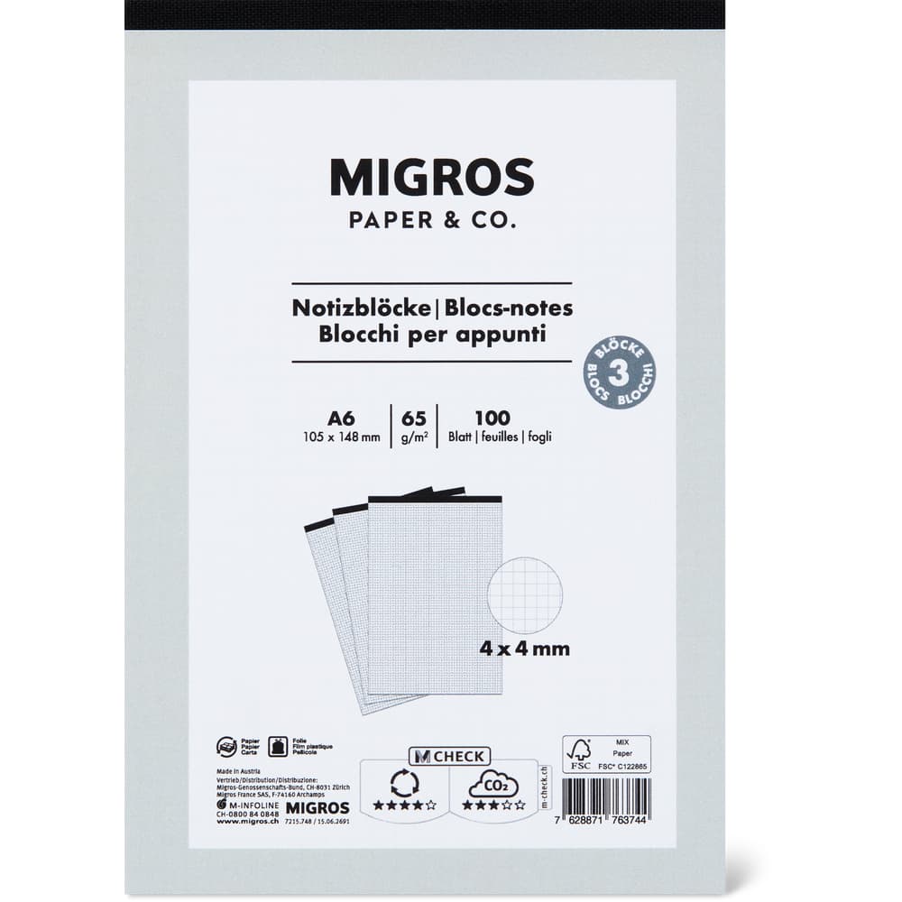 Migros Paper & Co. Notizblöcke A6 4mm kariert, 100 Blätter, 65g/m2