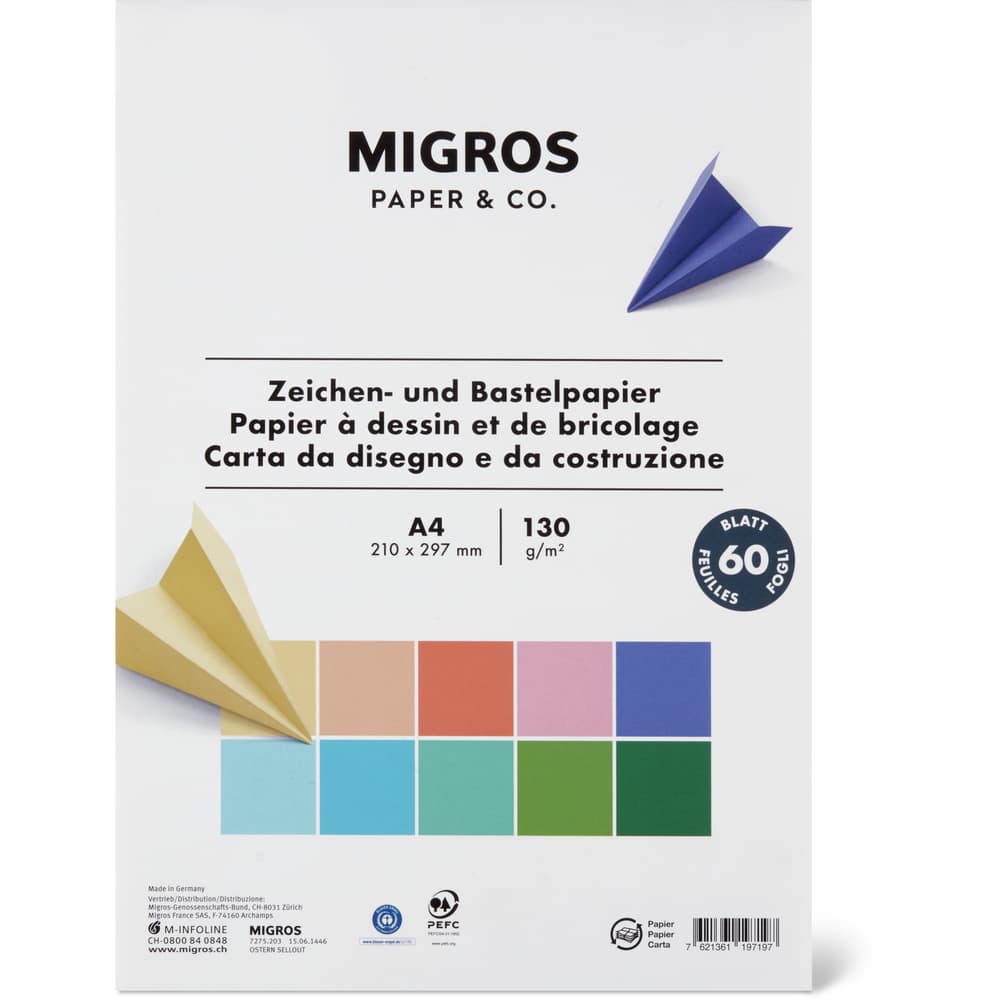 Migros Paper & Co. Zeichen- und Bastelpapier farbig A4