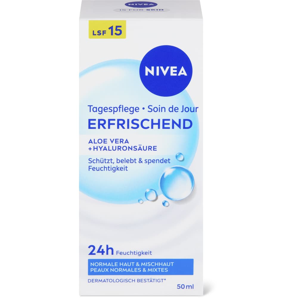 Nivea Erfrischende Tagescreme 24H Feuchtigkeit LSF 15, Aloe Vera, Hyaluronsäure