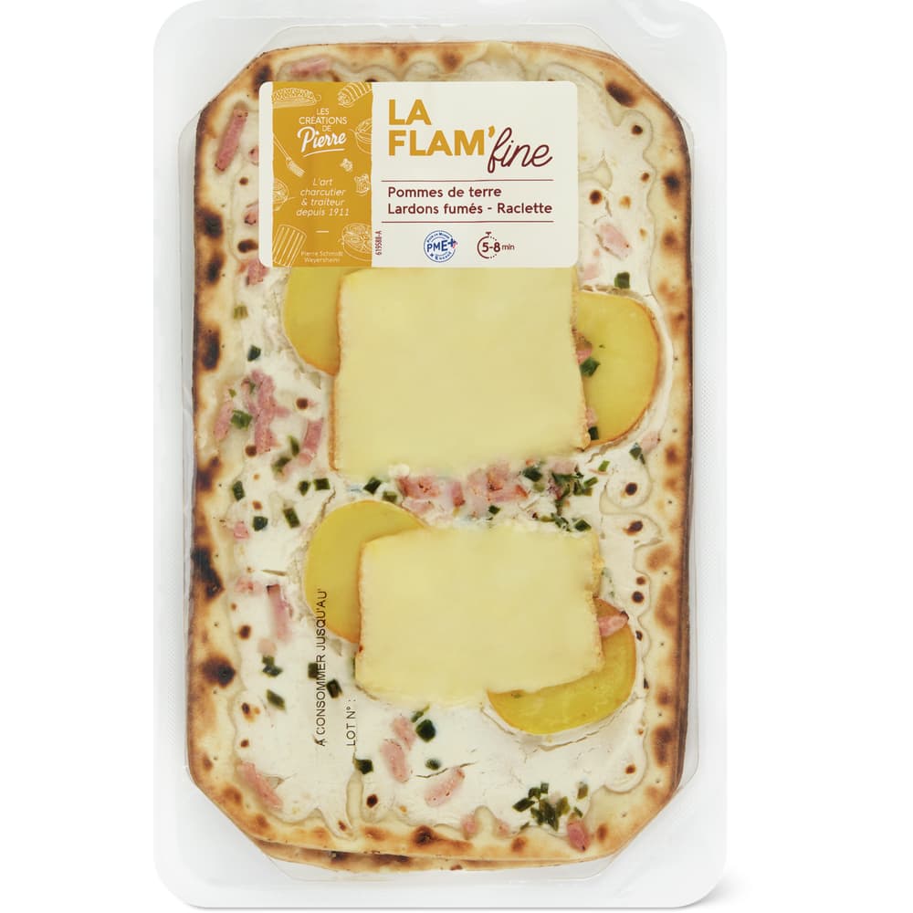Flammkuchen Kartoffel, geräuchter Speck, Raclette
