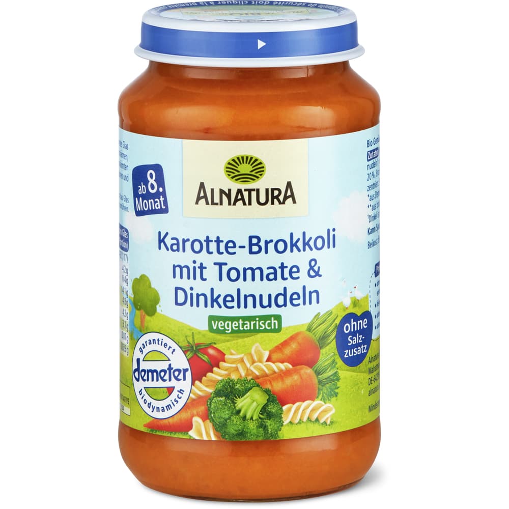 Alnatura Demeter Babygläschen mit Karotten, Brokkoli, Tomaten und Dinkelnudeln Ab 8 Monaten