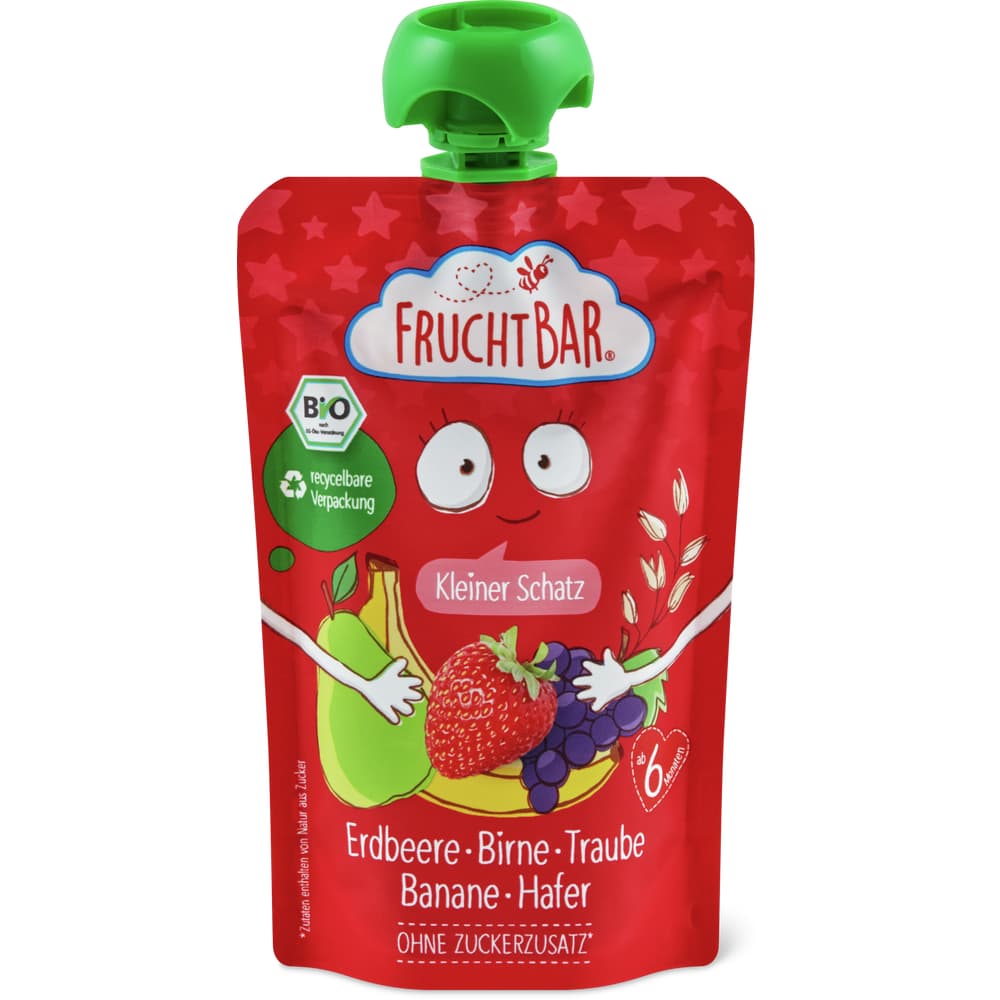Fruchtbar Bio Quetschbeutel für Babys, Erdbeere, Birne, Traube, Banane & Hafer Ab 6 Monaten