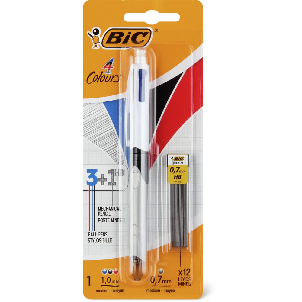 Bic 4 Colours Kugelschreiber Original - 3 Kugelschreiber 1mm + 1 Druckbleistift 0.7mm HB, inkl. 12 Ersatzminen