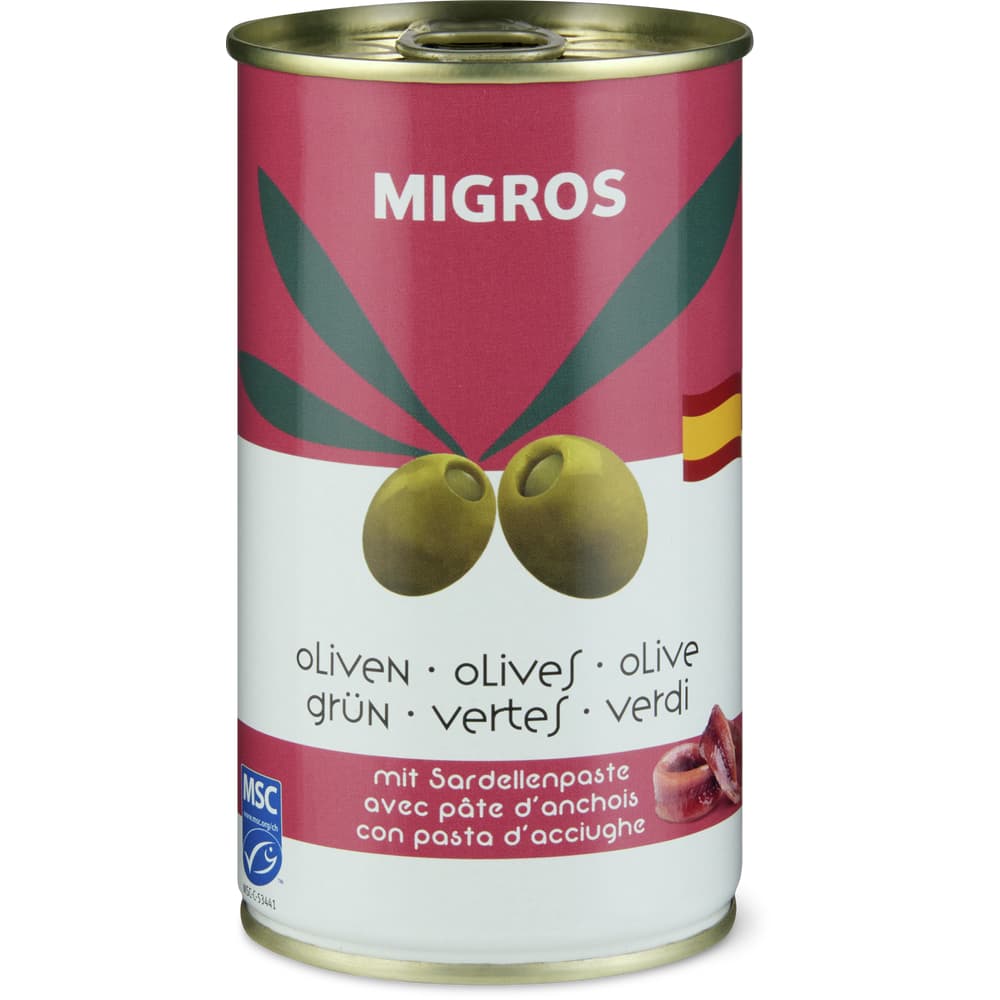 Migros grüne Oliven gefüllt mit Sardellenpaste