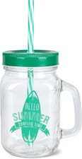 Verre à anse avec couvercle et paille «Hello Summer, surfing time», 43cl