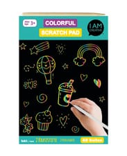 Bloc à gratter avec du papier imprimé sur une face avec un revêtement noir sensible aux rayures et une feuille arc-en-ciel pour le dessin, y compris 2 stylos à gratter en bois et en plastique, noir et coloré, A5, 40 feuilles
