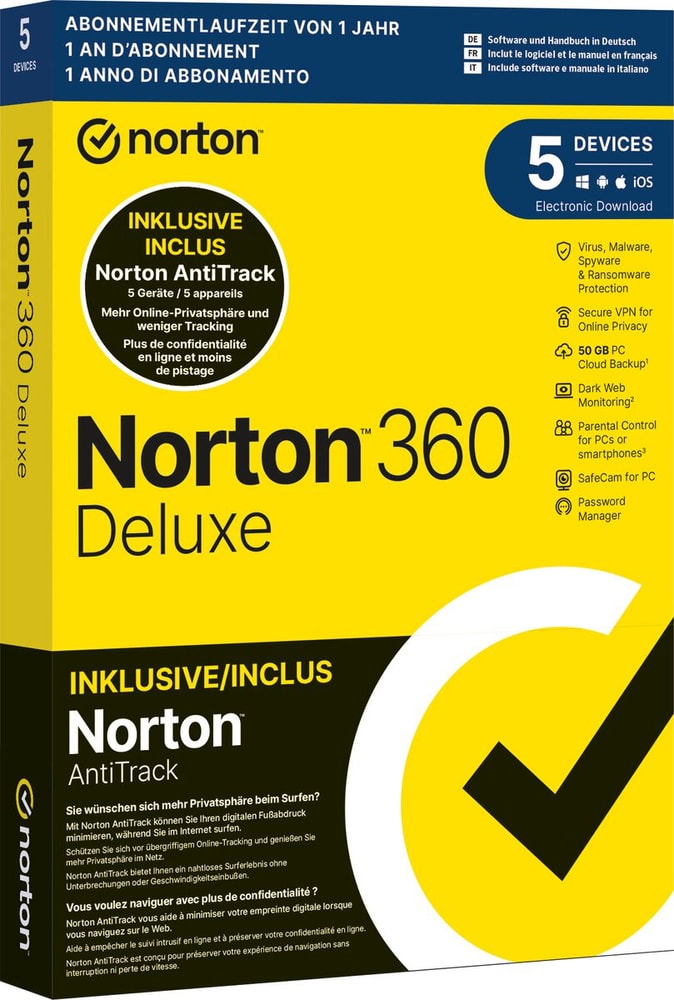 360 Deluxe 50GB + AntiTrack 5 Devices 12MO [PC/Mac/Android/iOS] Antivirus (Box) Norton 785300169605 Bild Nr. 1