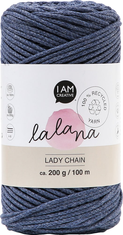 Lady Chain jeans, filo catenella Lalana per uncinetto, maglia, annodatura e macramè, blu-grigio, circa 2 mm x 100 m, circa 200 g, 1 gomitolo Lana vergine 668362100000 N. figura 1