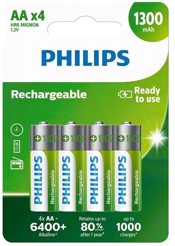 Rechargeable NiMH  1300 mAh AA / HR06 (4 pièces) Pile rechargeable Philips 785300174877 Photo no. 1