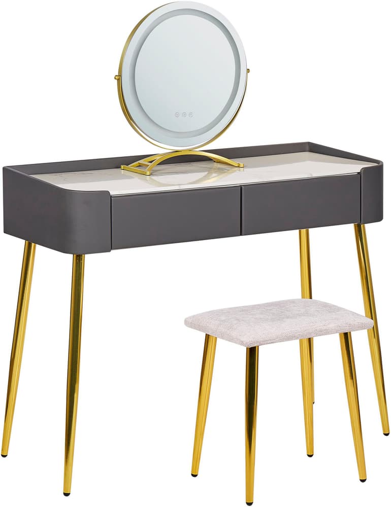 Tavolino da toeletta con 2 cassetti specchio LED grigio e oro SURIN Tavolino da toilette Beliani 676113600000 N. figura 1