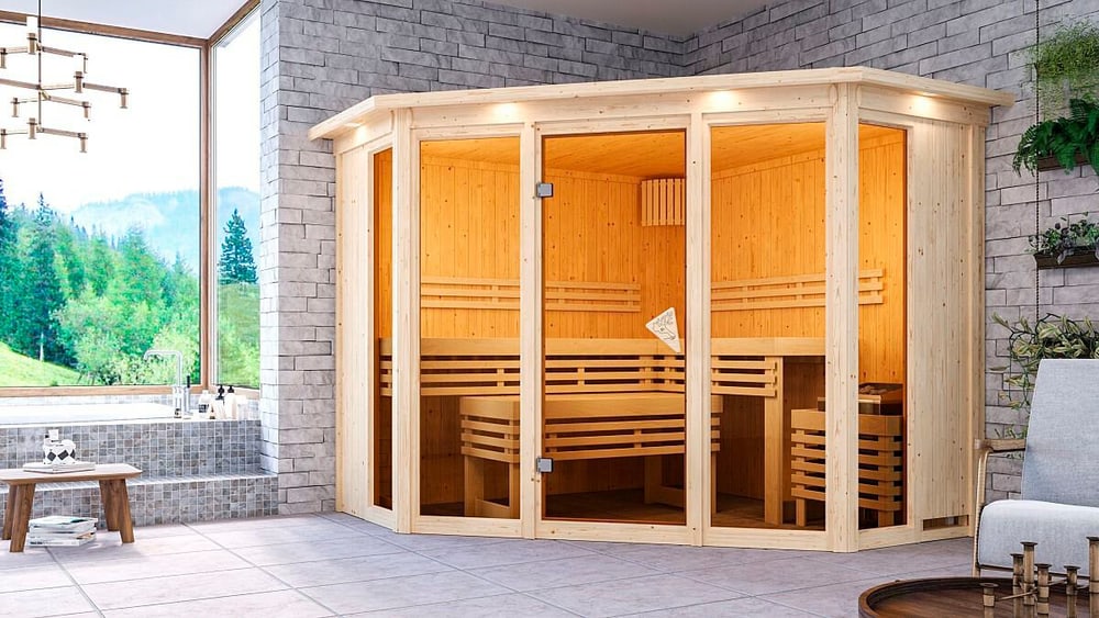 Ingresso angolare della sauna Alcinda, cornice Sauna Karibu 647461300000 N. figura 1