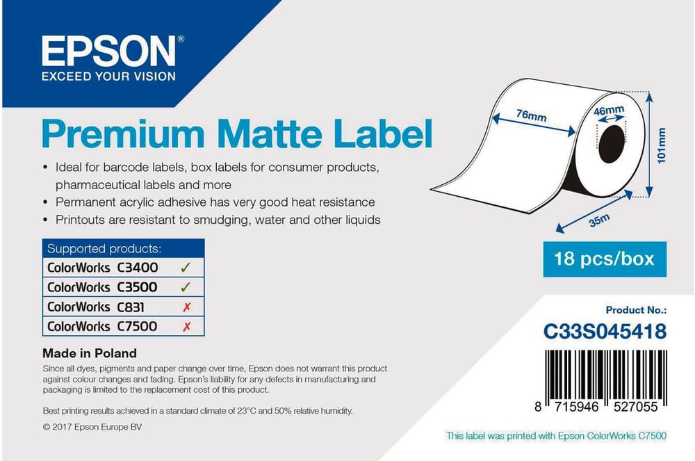 Premium Matte Label 76 mm x 35 m Etiketten Epson 785302404242 Bild Nr. 1