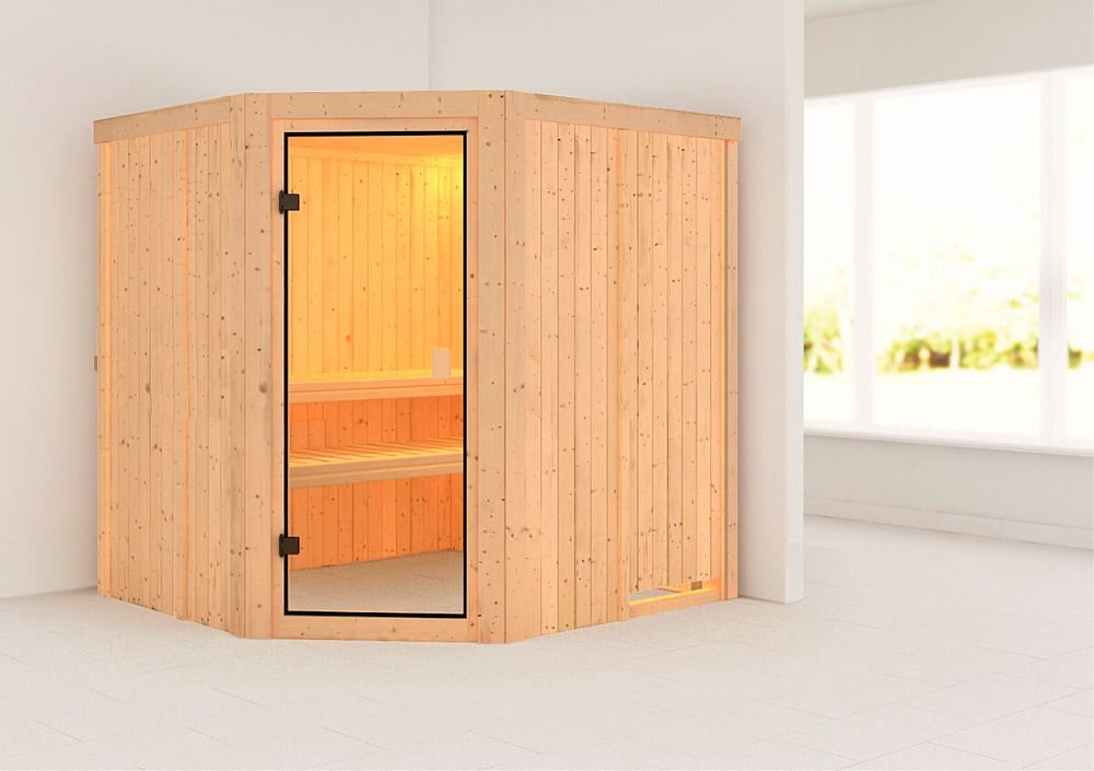 Sauna Bodo ingresso ad angolo con porta in vetro bronzato Sauna Karibu 647465900000 N. figura 1