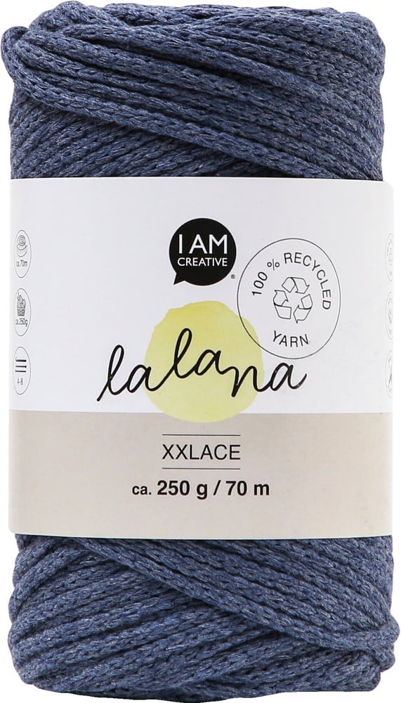 Xxlace jeans, Lalana fil de chaîne pour crochet, tricot, nouage &amp; macramé, bleu-gris, env. 3 mm x 70 m, env. 200 g, 1 écheveau Laine 668368300000 Photo no. 1