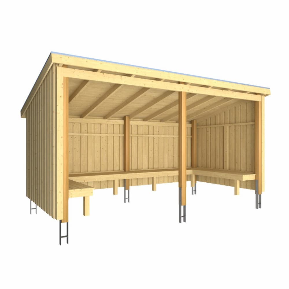 Nordic Grill Hutte 9,5 m² ouvert avec banc Set 2incl. Carton bitumé/bandes d'aluminium/pieds de sol Cabane de jardin PLUS 669700109165 Photo no. 1