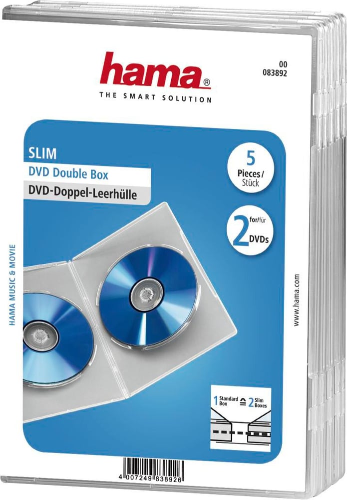 Boîtier "Slim" double pour DVD, lot de 5, Transparent Boîtier vide pour médias optiques Hama 785300180927 Photo no. 1