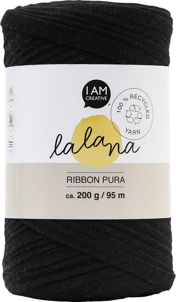 Ribbon Pura black, Lalana fil à ruban pour crochet, tricot, nouage &amp; projets macramé, noir, env. 8 x 1 mm x 95 m, env. 200 g, 1 écheveau Laine 668366100000 Photo no. 1