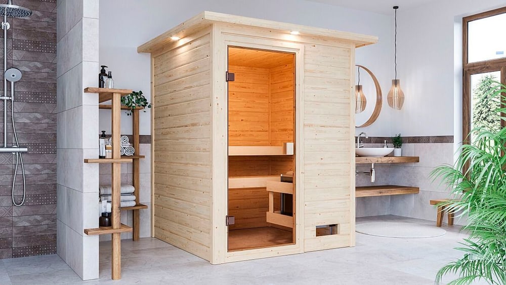 Sauna Sandra ingresso frontale, corona Sauna Karibu 647550700000 N. figura 1