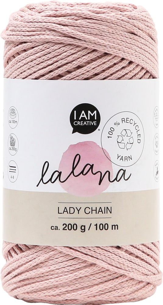 Lady Chain powder, fil de chaîne Lalana pour crochet, tricot, nouage &amp; Projets de macramé, rose, env. 2 mm x 100 m, env. 200 g, 1 écheveau Laine 668362400000 Photo no. 1