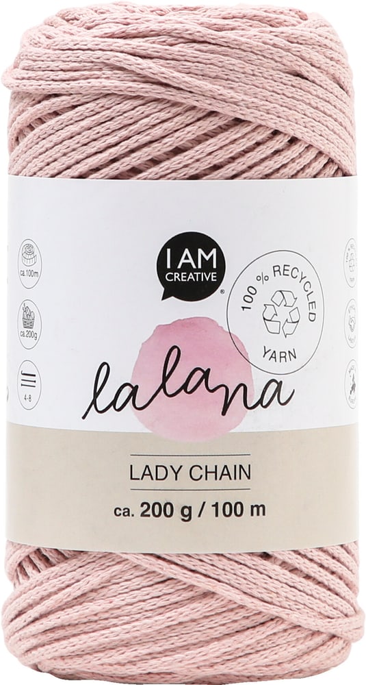 Lady Chain powder, filo catenella Lalana per uncinetto, maglia, annodatura e macramè, rosa, circa 2 mm x 100 m, circa 200 g, 1 gomitolo Lana vergine 668362400000 N. figura 1