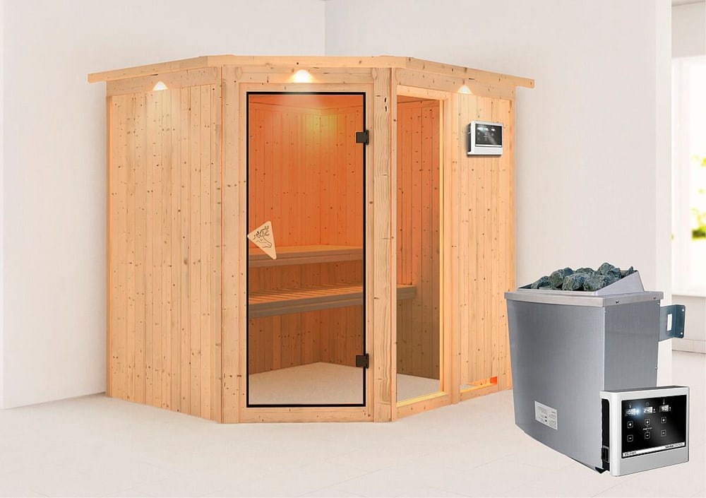 Sauna Fiona 2 ingresso ad angolo, cornice Sauna Karibu 647472600000 N. figura 1