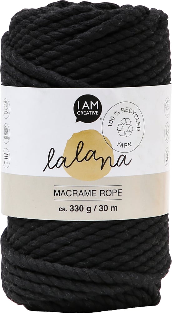 Macrame Rope black, fil à nouer Lalana pour projets de macramé, pour tisser et nouer, noir, 5 mm x env. 30 m, env. 330 g, 1 écheveau en faisceau Fil de macramé 668363200000 Photo no. 1