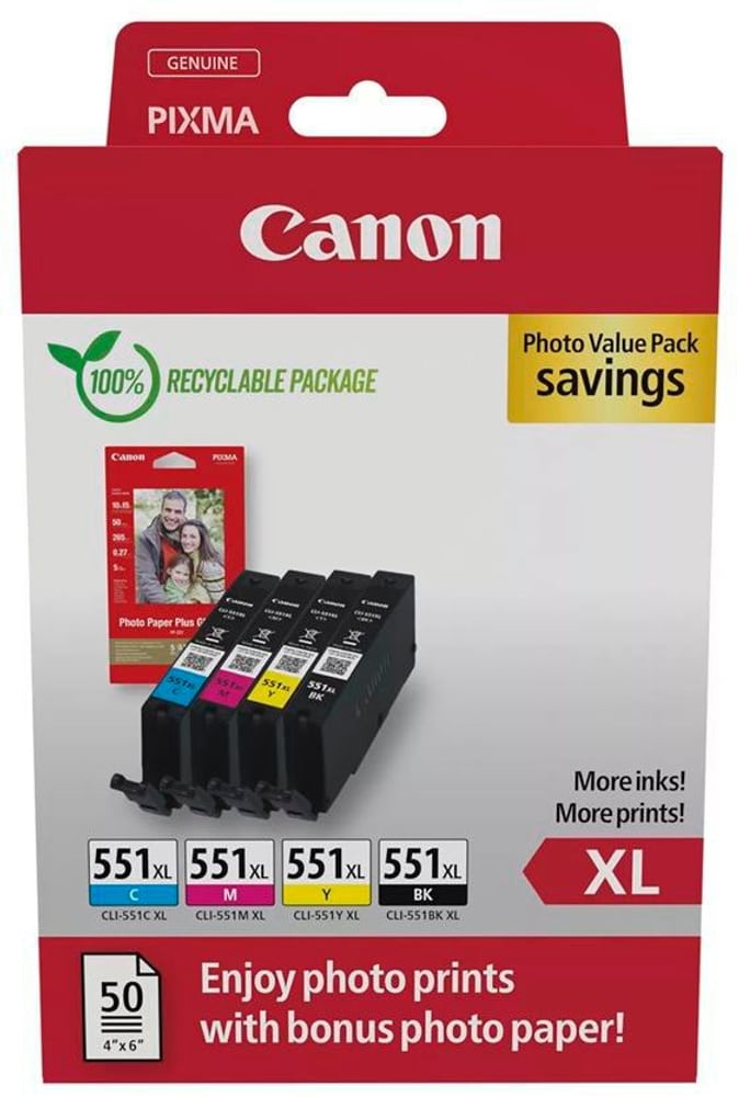 CLI-551XL Ink Cartridge, C/M/Y/BK, + PHOTO PACK Cartuccia d'inchiostro Canon 785302431253 N. figura 1