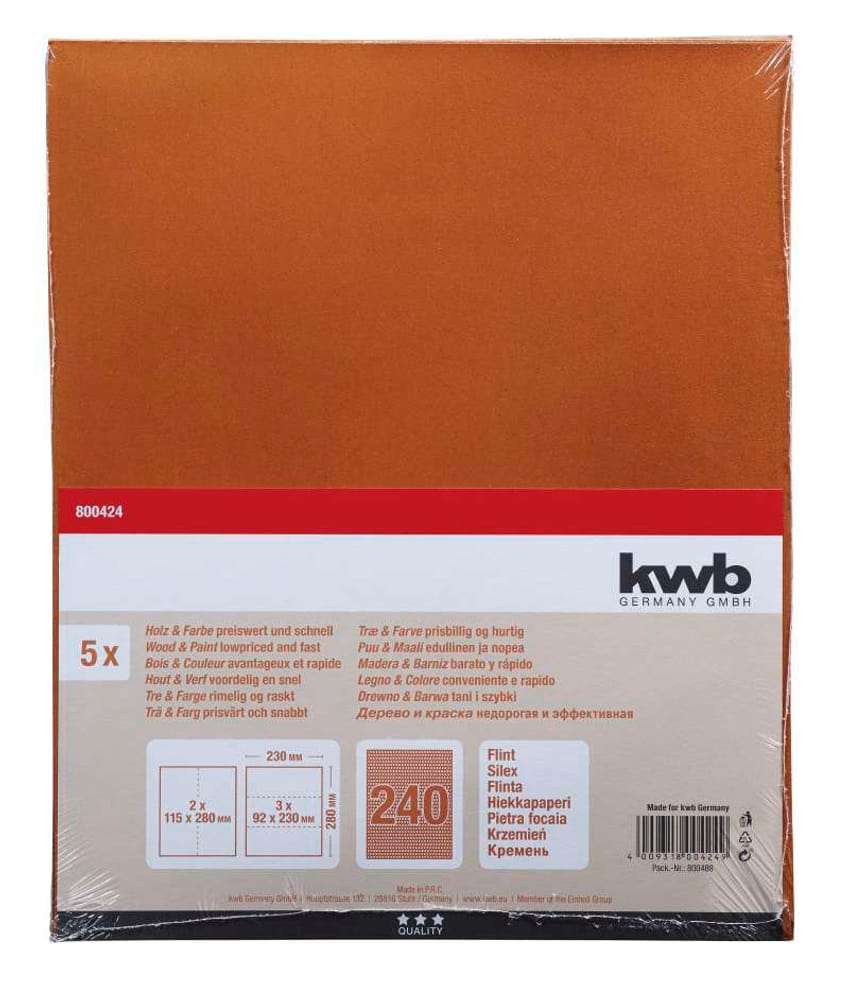 kwb Carta abrasiva per legno GR. 240, 5 pz. Carta Abrasiva