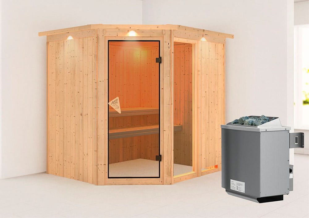 Sauna Fiona 2 ingresso ad angolo, cornice Sauna Karibu 647472500000 N. figura 1