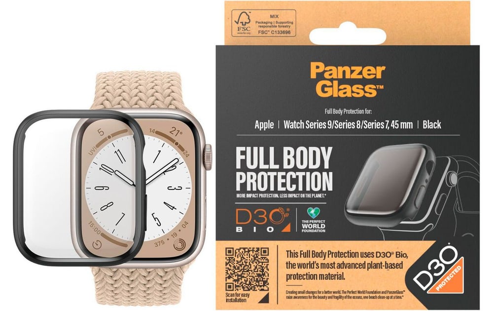 Corps intégral Apple Watch 2023 Series 9 44 mm Noir Bracelet de montre intelligente Panzerglass 785302421549 Photo no. 1