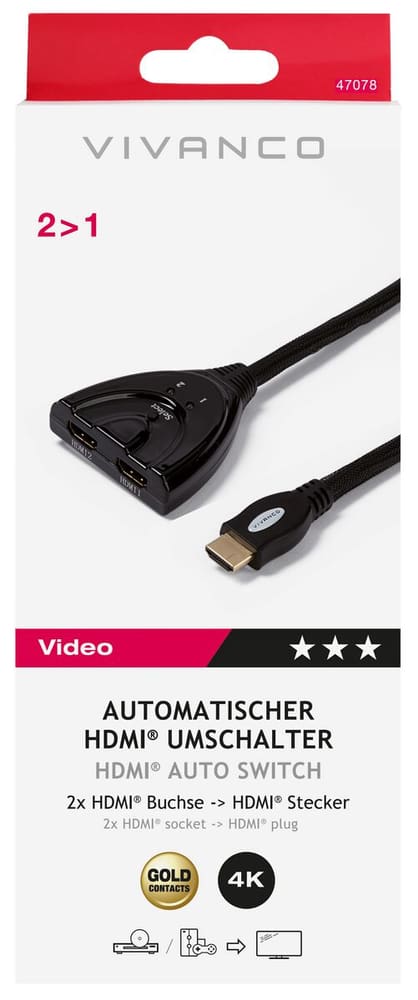 Commutateur automatique HDMI® 2 > 1 Câble vidéo Vivanco 77082700000023 Photo n°. 1