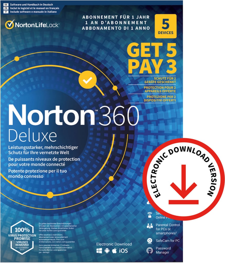 Security 360 Deluxe with 50GB 5 for 3 Devices - PC/Mac/Android/iOS - ESD Antivirus (Download) Norton 785300158439 Bild Nr. 1